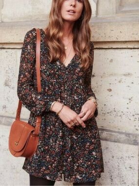Sezane Carina Floral Long-Sleeve Mini Dress - Black Floral